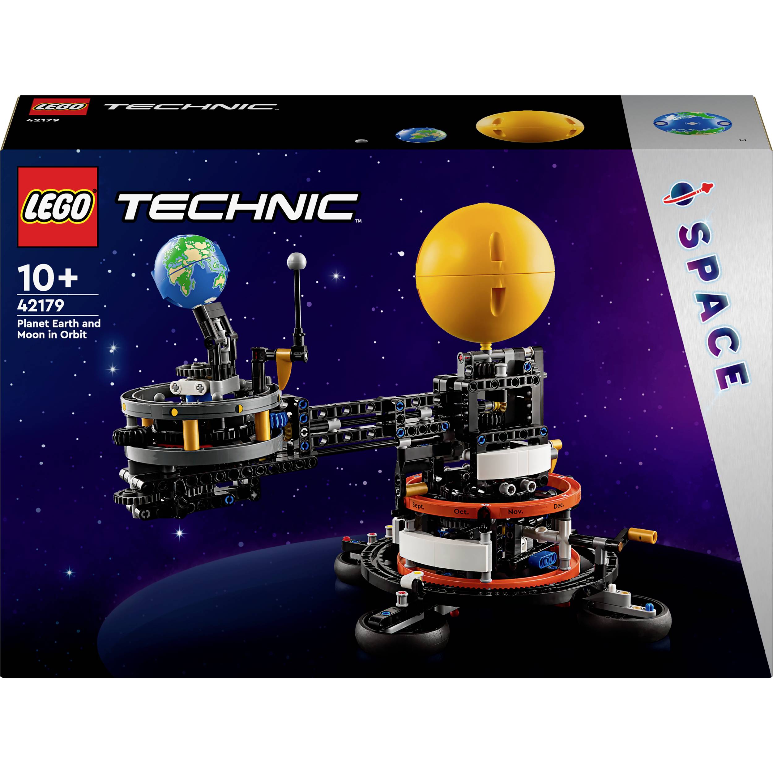 LEGO-set iz serije 'Technic', prikazuje Zemlju i Mjesec u orbiti, preporučena dob: 10+, broj seta: 42179, tematsko područje: Svemir.