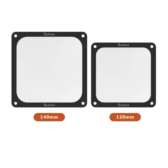 Akasa filter ventilatora u dvije veličine, 140 mm i 120 mm, za smanjenje prašine u računalima, na bijeloj pozadini.