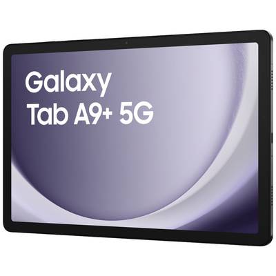 Tablet s natpisom 'Galaxy Tab A9+ 5G' na zaslonu, prikazan ispred ljubičastog, kružnog pozadine.