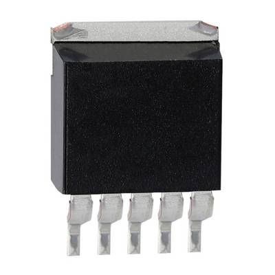Crni elektronički čip s pet srebrnih priključaka na donjem dijelu. Pravokutnog oblika s glatkom površinom.