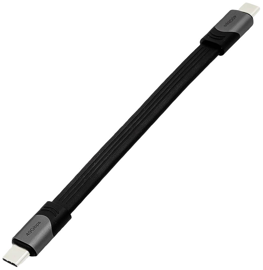 Kratki, crni USB-C kabel s sivim utičnicama na oba kraja.