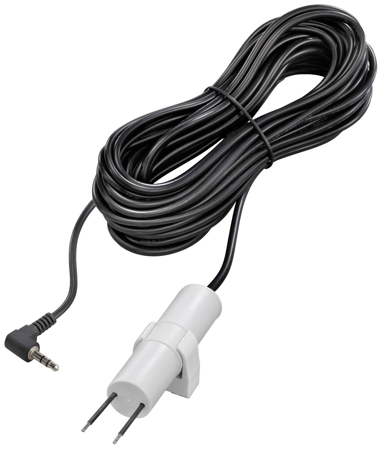 Dugi crni kabel s 3,5-mm utikačem i cilindričnim bijelim senzorom na drugom kraju, vjerojatno za elektronska mjerenja.