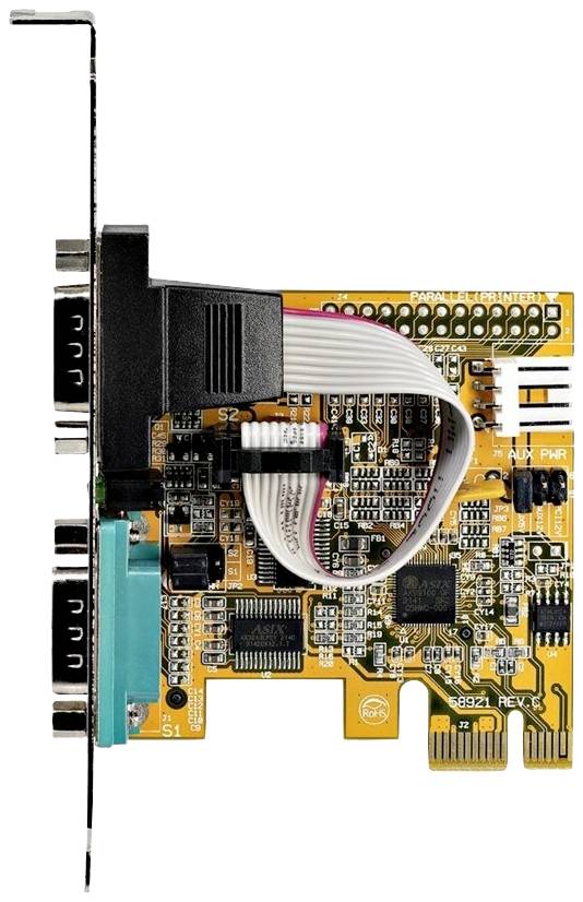 Žuta zvučna kartica s nekoliko elektroničkih komponenata i dva crna audio priključka.