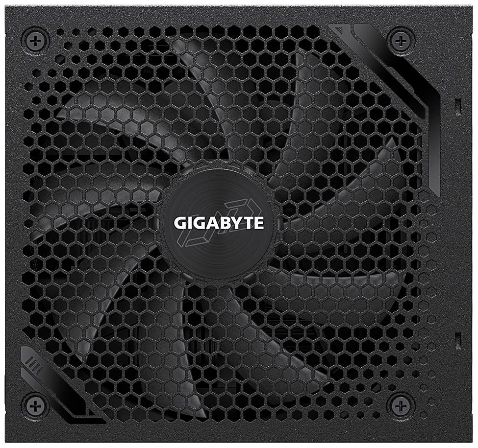 Napajanje Gigabyte s crnim ventilatorom i šesterokutnim ventilacijskim otvorima, centralno smješten logotip.