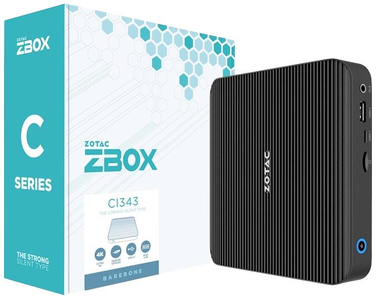 'ZOTAC ZBOX C serija Mini-PC', prikazuje ambalaža pored uređaja. Mini-PC ima narebreno, crno kućište.