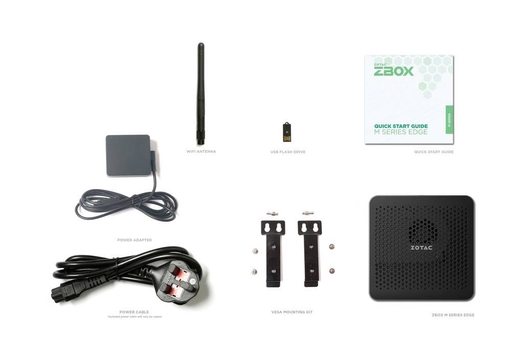 'Sadržaj ZBOX pakiranja: WLAN antena, USB flash pogon, brzi vodič za početak rada, napajanje, električni kabel, VESA komplet za montažu, ZOTAC uređaj.'