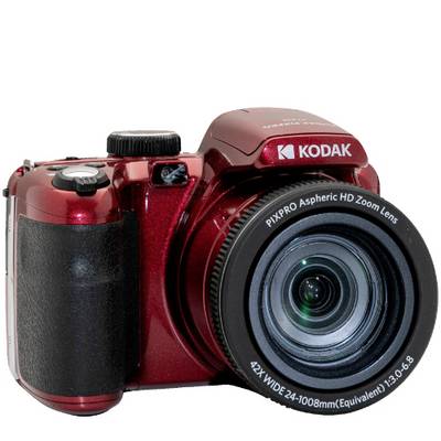Crveni digitalni fotoaparat s zoom objektivom marke Kodak, prikazuje prednju stranu i kontrolne elemente.