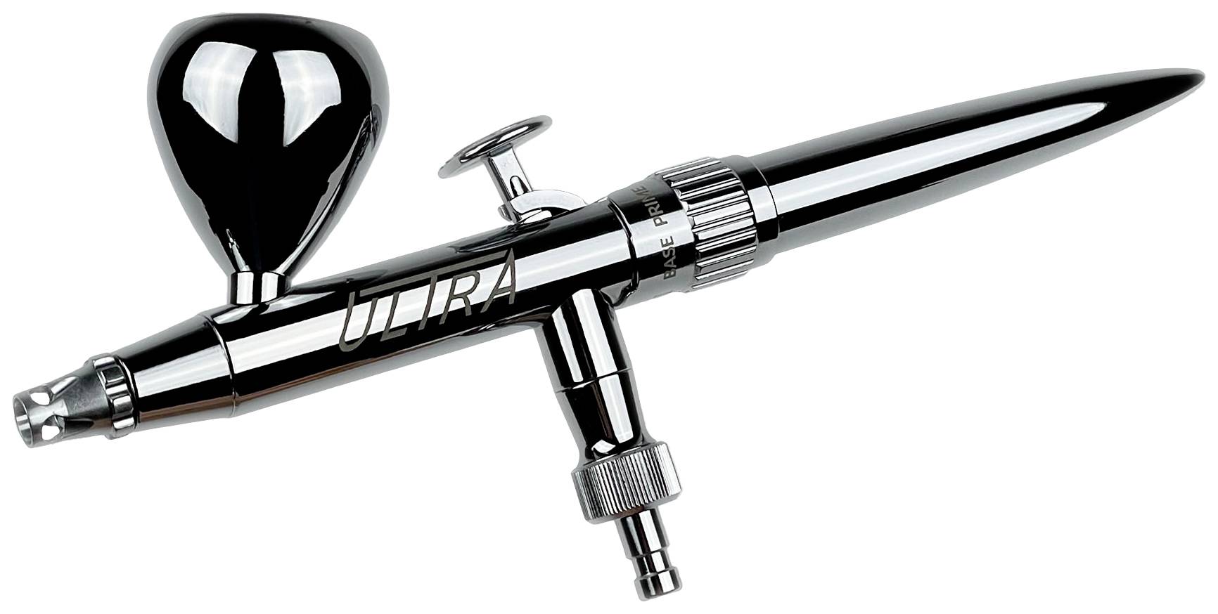 Zračna četkica s metalnim kućištem i crnom drškom, pogodna za precizno airbrush tehnike u umjetničkim projektima.
