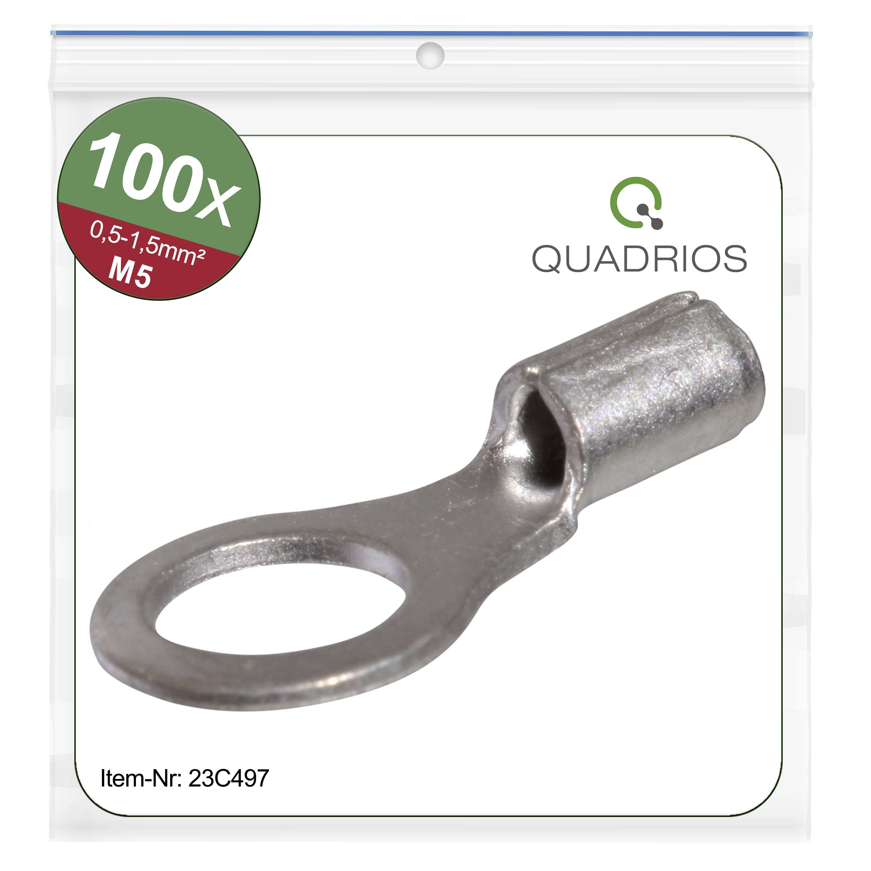 Produktna slika pakiranja kabelskih stopica marke Quadrios, 100 komada, za presjek kabela 0,5-1,5 mm², veličina M5, broj artikla 23C497.