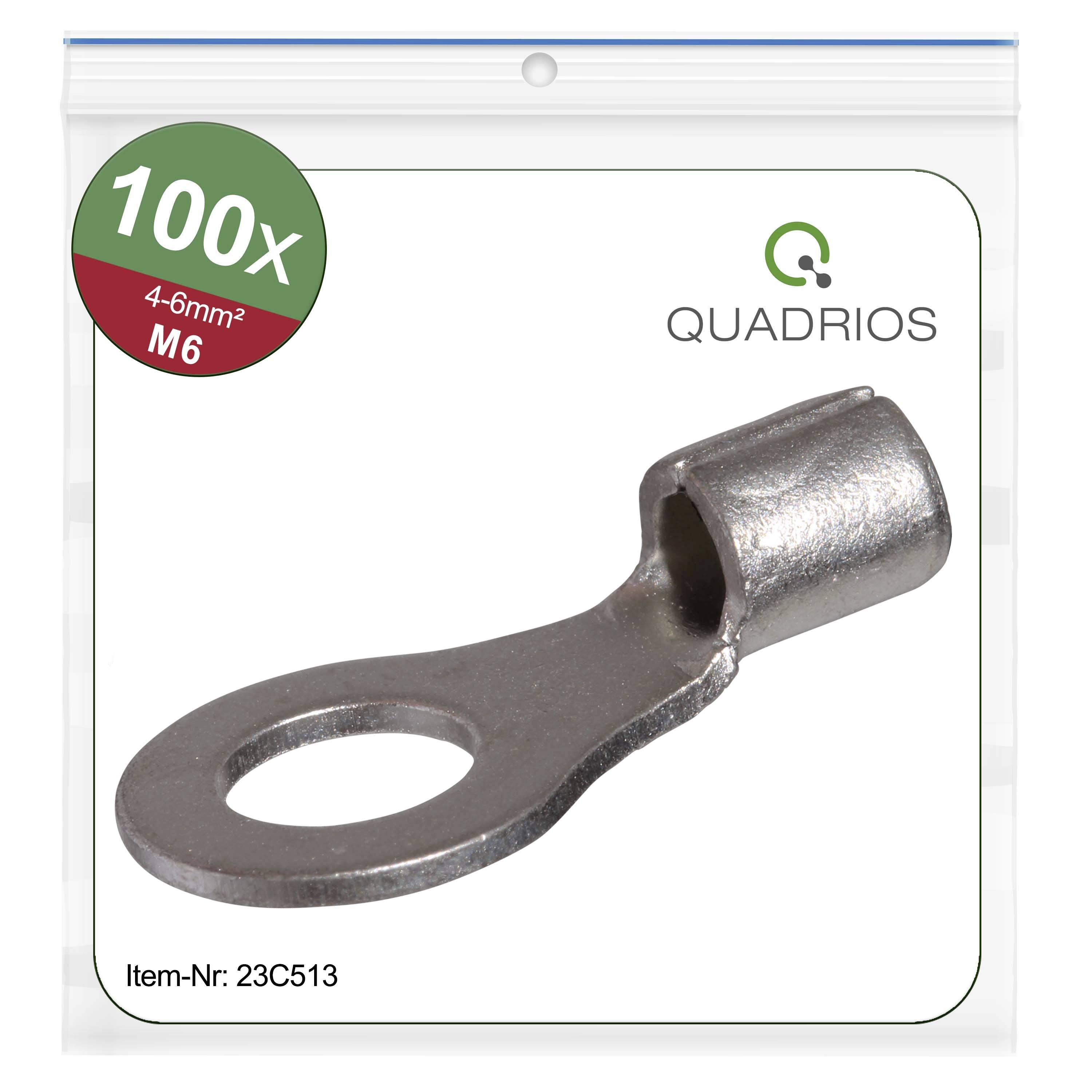 Srebrni element za spajanje kabela, montiran M6 vijkom. Pakiranja je označeno sa '100x', pogodan za kabele presjeka 4-6mm².
