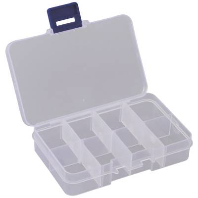 Mala prozirna plastična kutija s više pregrada, pogodna za pohranjivanje sitnih predmeta ili nakita. Otvorena s poklopcem.