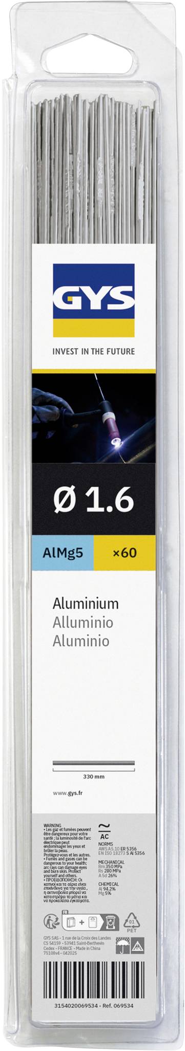 Paket GYS aluminijskih šipki za zavarivanje, Ø 1,6 mm, 60 komada, sa plavom i bijelom naljepnicom i brendiranjem proizvoda.