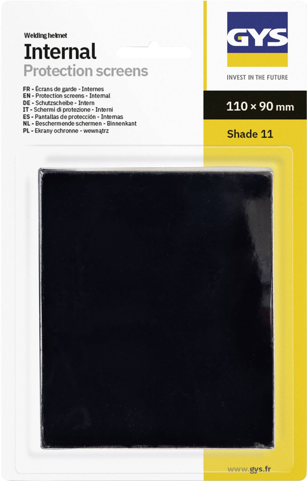 Pakiranje zaštitnog zaslona za unutrašnju zaštitu zavarivačke maske GYS, 110 x 90 mm, Nijansu 11, prikazano kao crna pravokutna zamjenska leća.