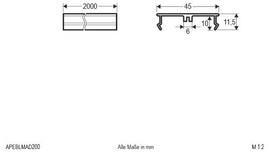 Tehnički crtež profila dužine 2000 mm, koji prikazuje presjek širine 45 mm sa značajkama od 6 mm i 10 mm te visinom od 11,5 mm, mjerilo 1:2.