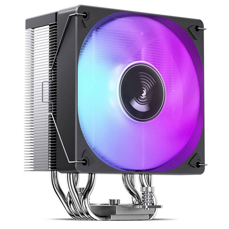 Ventilatorski hladnjak s LED osvjetljenjem u bojama duge, montiran na metalnom hladnjaku.