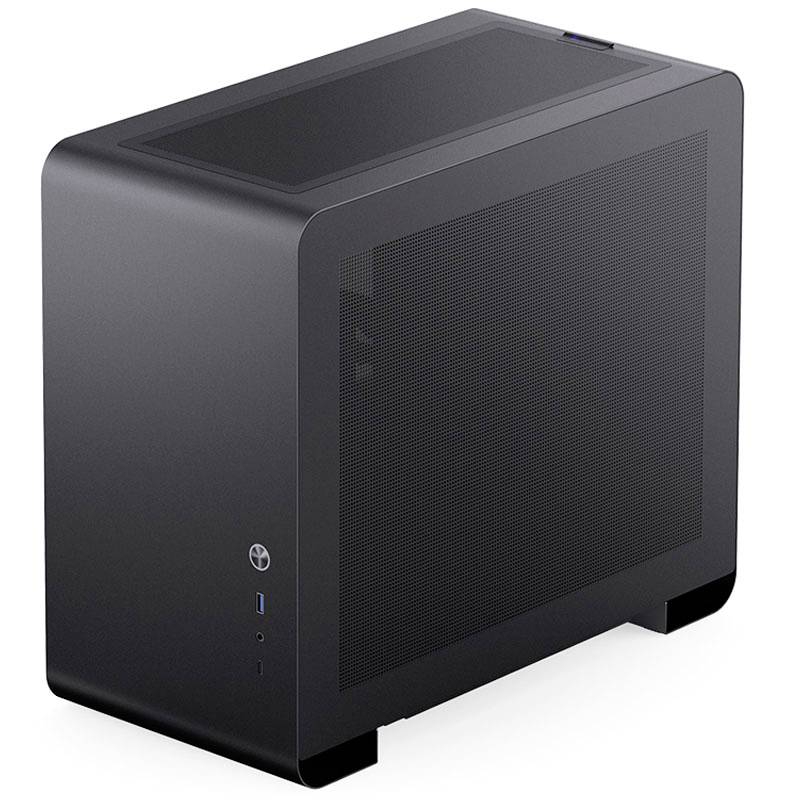 Crno kućište računala u minimalistički dizajnu, sa ventilacijskim otvorima sa strane, pogodno za Mini-ITX matične ploče.