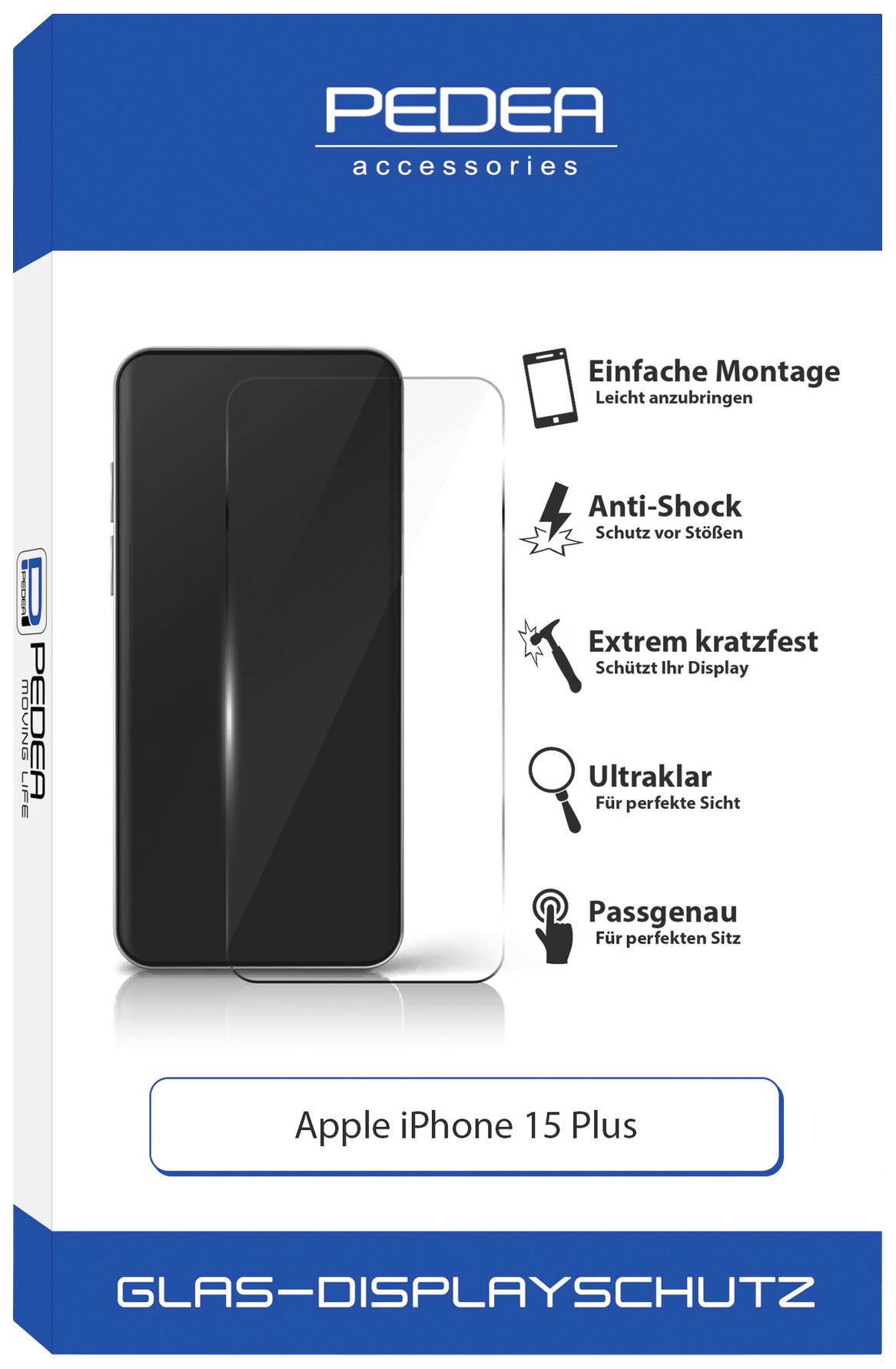 Pakiranja zaštitnog stakla za Apple iPhone 15 Plus od PEDEA. Karakteristike: jednostavna montaža, otporno na ogrebotine, protuudarno, precizno prianjanje.