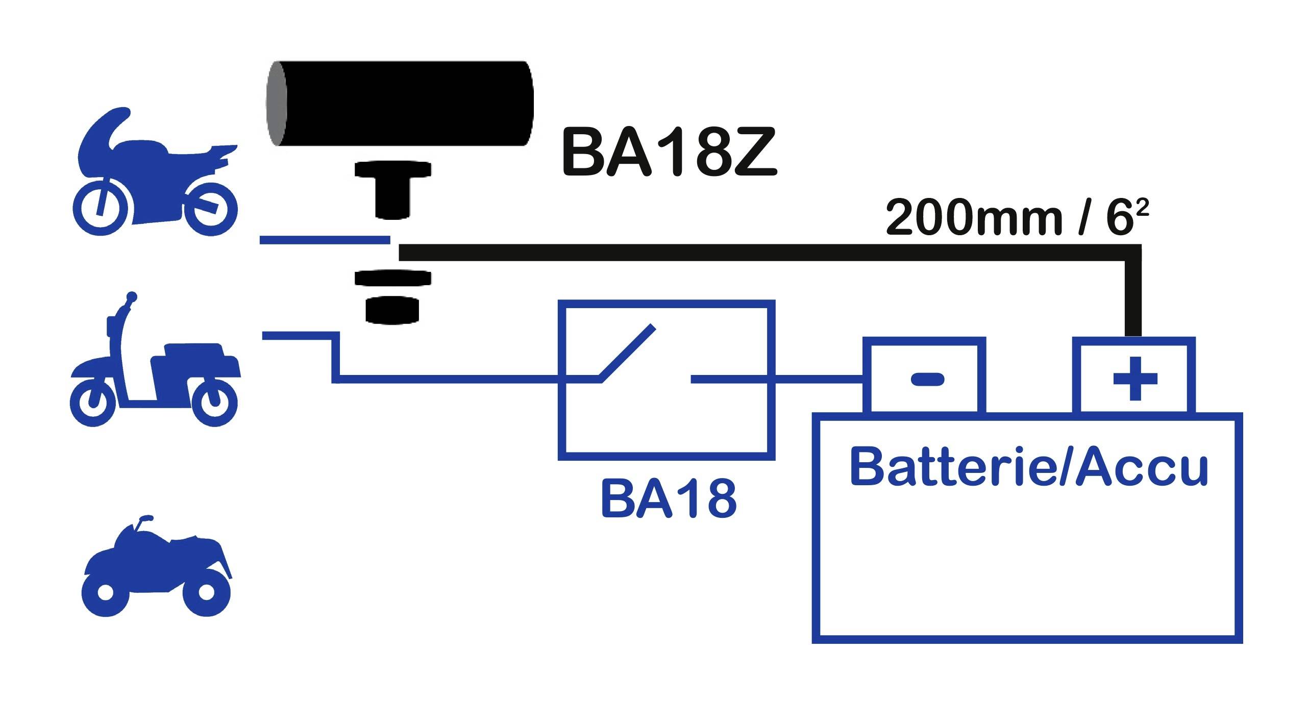 Dijagram električne instalacije za motocikle: BA18Z spojen preko releja BA18 s baterijom, kabel dugačak 200 mm.