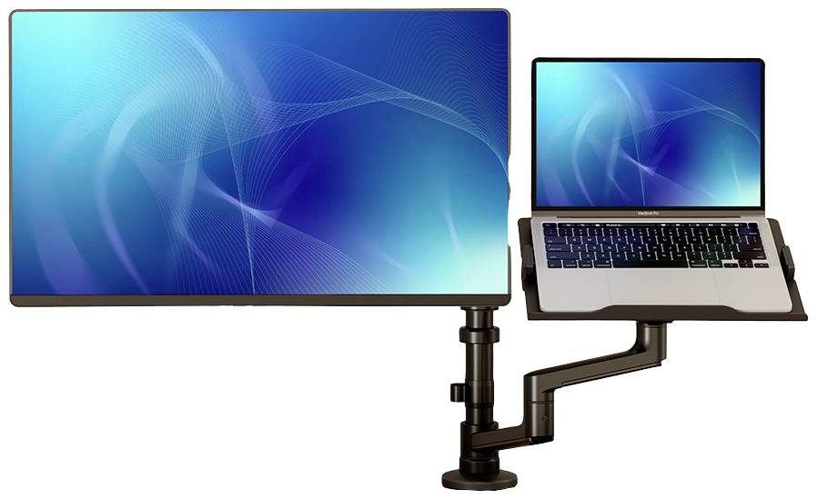 Laptop i monitor pričvršćeni na podesivi nosač za stolni ARM, idealni za ergonomski rad.