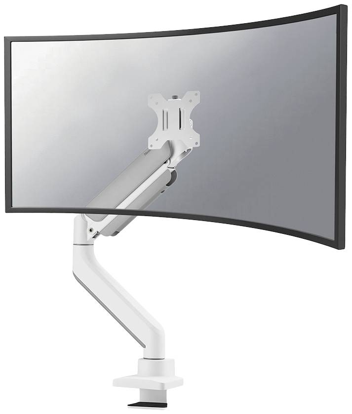Zakrivljeni računalni monitor na bijeloj podesivoj ruka za naginjanje, pogodan za ergonomski rad na radnom stolu.