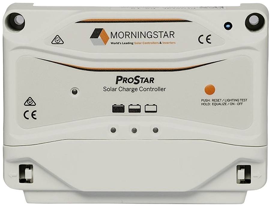 Solarni regulator punjenja - pogled sprijeda s logotipom 'Morningstar ProStar'. Vidljive kontrolne tipke i indikatorske lampice za status akumulatora i funkcije.