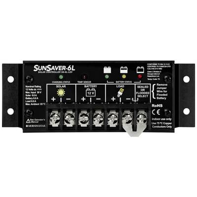 Solarni regulator punjenja SunSaver-6L s indikatorima za solarni modul, bateriju i status punjenja. Preklopka za vrstu baterije. RoHS certificiran.