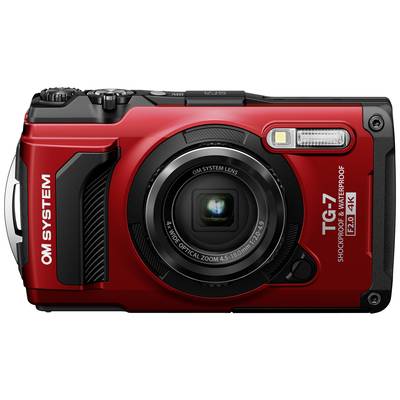 Crveni digitalni fotoaparat s zoomom i bljeskalicom, robustan i vodootporan, model 'TG-7' tvrtke OM SYSTEM. Pogodan za vanjsko fotografiranje.