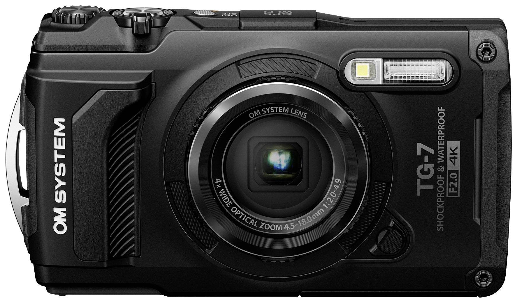 Crni vanjski fotoaparat OM System TG-7 s 4K snimanjem i vodootpornim kućištem, opremljen zoom objektivom i bljeskalicom.