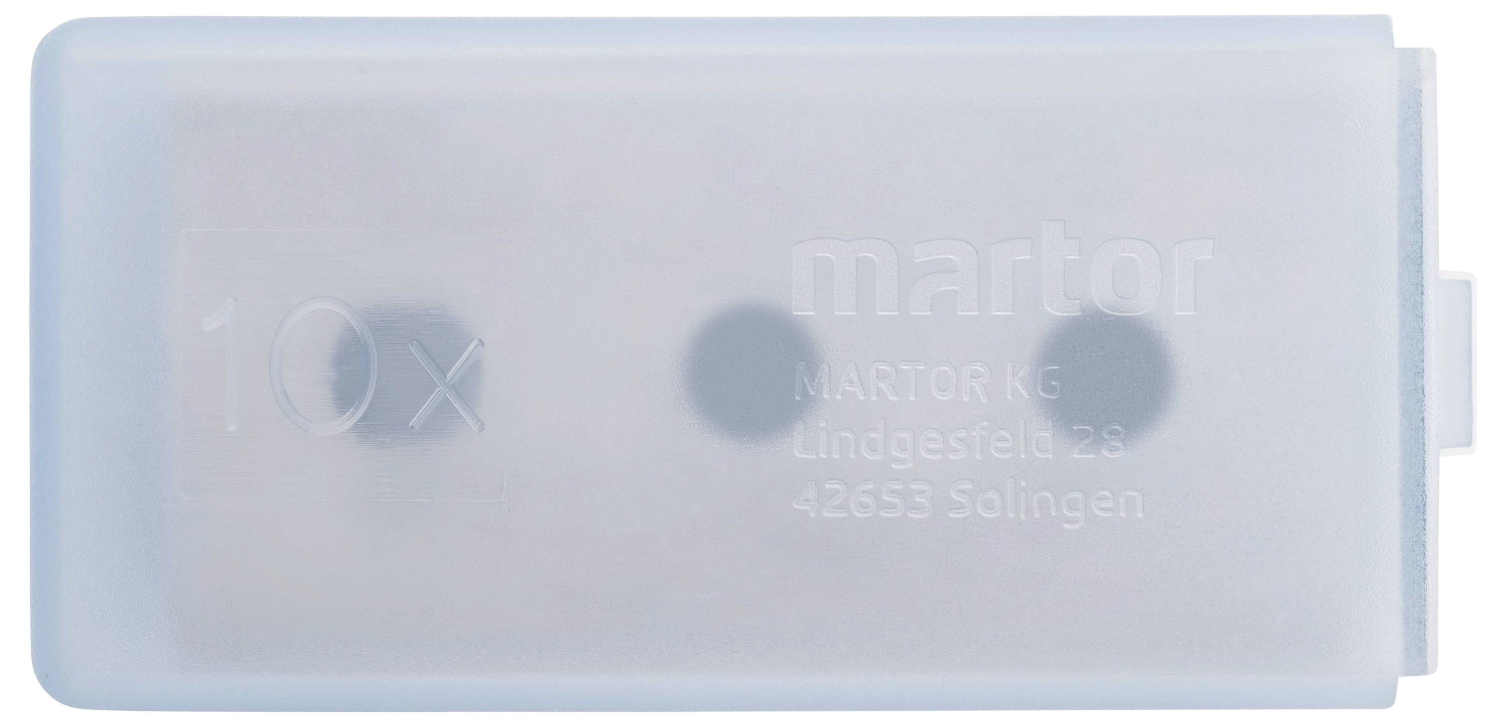 'MARTOR Klinge', plastični spremnik za pohranu oštrica s natpisom 'MARTOR KG, Lindgesfeld 28, 42653 Solingen'.
