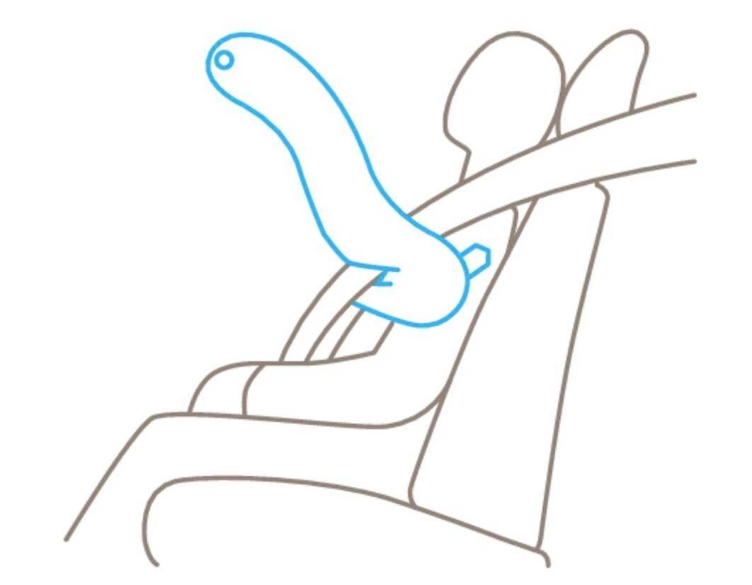 Shematski prikaz osobe koja pravilno postavljena sigurnosnim pojasom sjedi u autosjedalici.