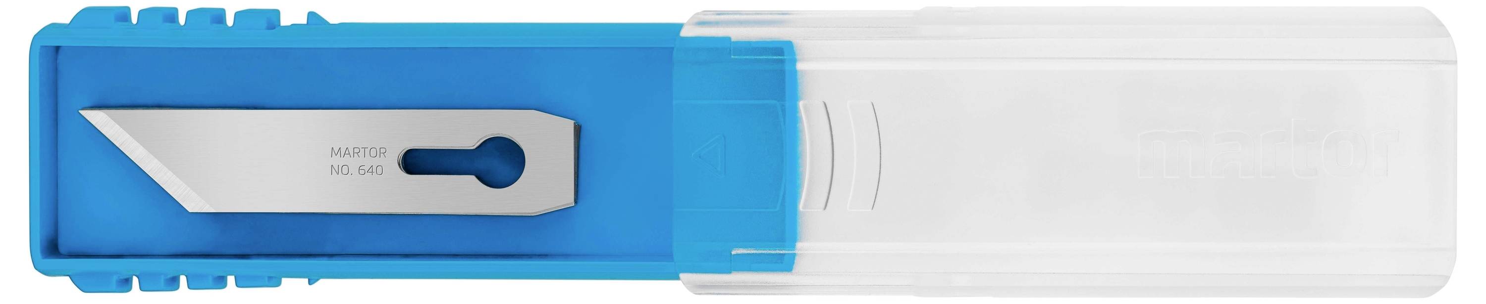 Plava sigurnosna navlaka skalpela s vidljivom metalnom oštricom u transparentnom plastičnom kućištu za sigrano čuvanje.