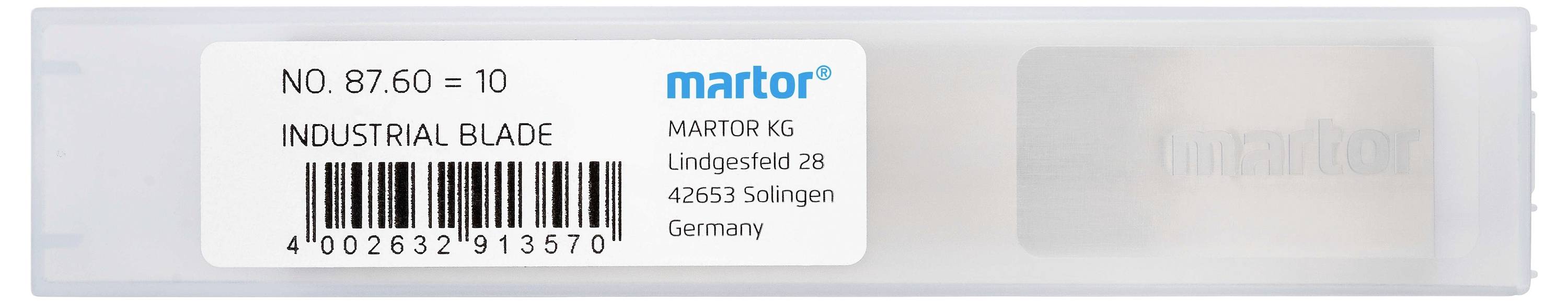 Ambalaža s natpisom 'INDUSTRIJSKI NOŽ'. Sadrži barkod i adresu: MARTOR KG, Lindgesfeld 28, 42653 Solingen, Njemačka.