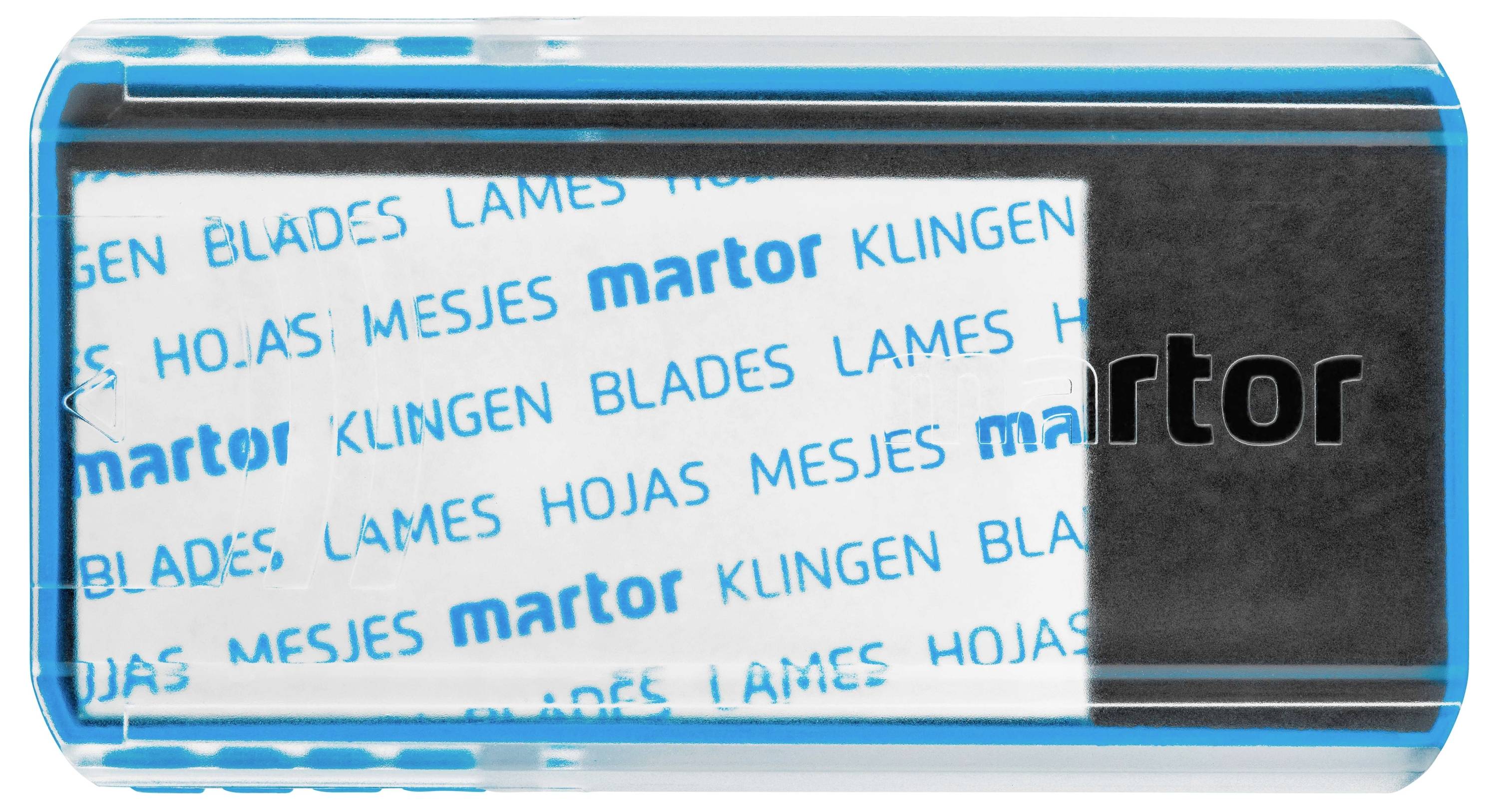Prozirna plastična kutija sa plavim pakiranjima za oštrice. Na pakiranju piše 'Oštrice' na različitim jezicima.