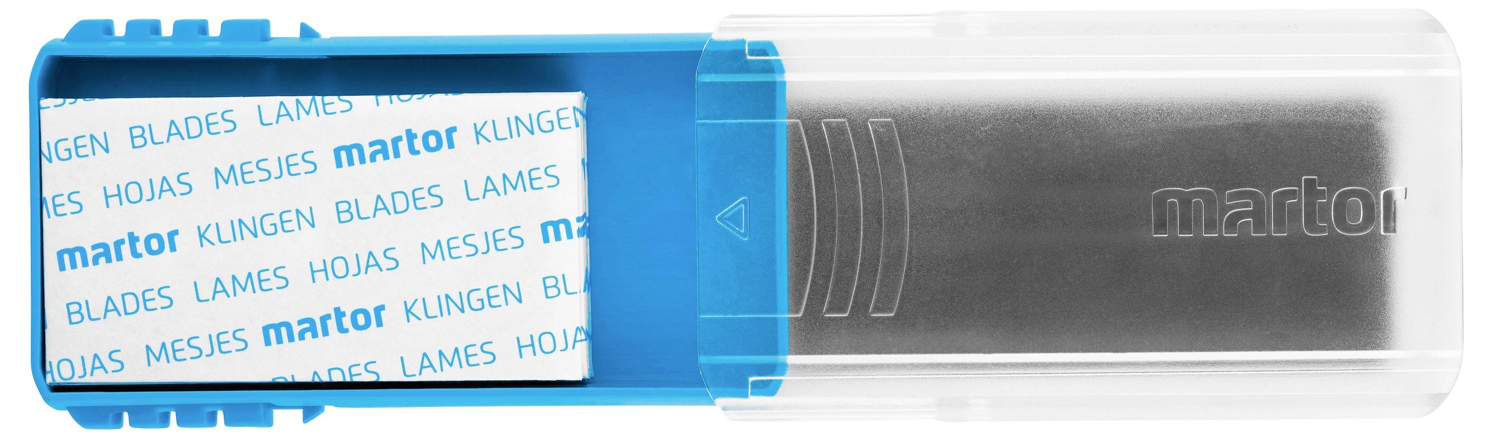 Plavi spremnik sa snopom oštrica, prepoznatljiv po 'martor' logu. Prozirni poklopac otkriva oštrice unutar spremnika.
