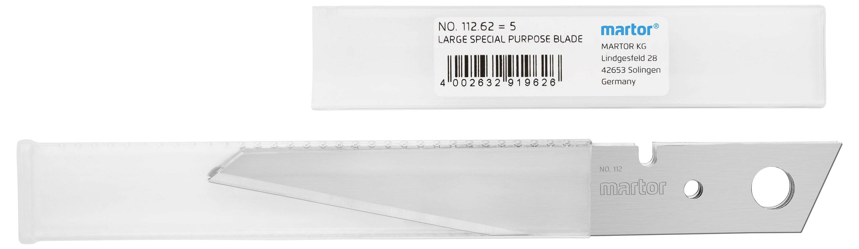 Veliko specijalno noževo oštrice s kartonskom kutijom. Otisak s brojem proizvoda i podacima o proizvođaču vidljiv.