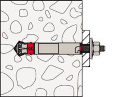 Vijak s tiplom montiran je bočno u zid. Tipla ima crvene oznake i čvrsto je prianja uz površinu zida.