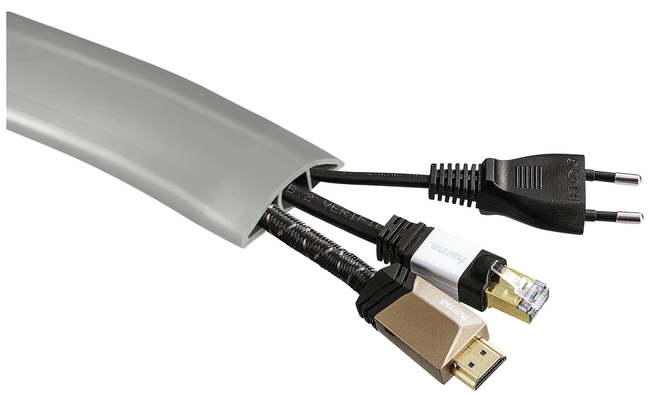 Sustav upravljanja kabelima u sivoj boji drži nekoliko kabela, uključujući HDMI i napajanje. Brine se za red i sigurnost.