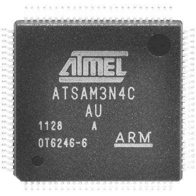 Kvadratni mikročip tvrtke Atmel, model 'ATSAM3N4C', s brojnim priključnim pinovima na stranicama. Tekst: 'ARM, AU, 1128'.