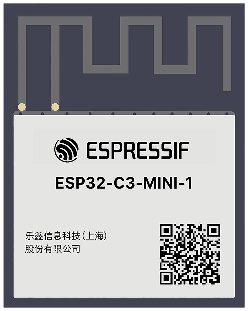Mikrokontrolerski modul 'ESP32-C3-MINI-1' od Espressifa s ugrađenim WiFi-jem i barkod oznakom, naziv proizvođača na kineskom pismu.