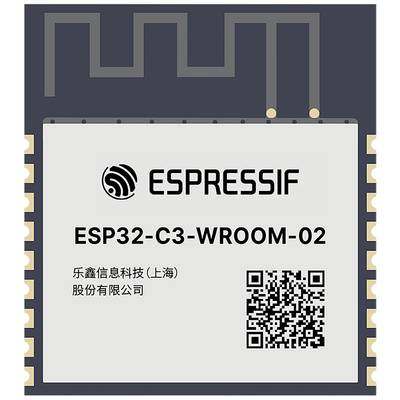 ESPRESSIF čip-modul ESP32-C3-WROOM-02, s logotipom tvrtke, QR kodom i kineskim imenom tvrtke na površini.