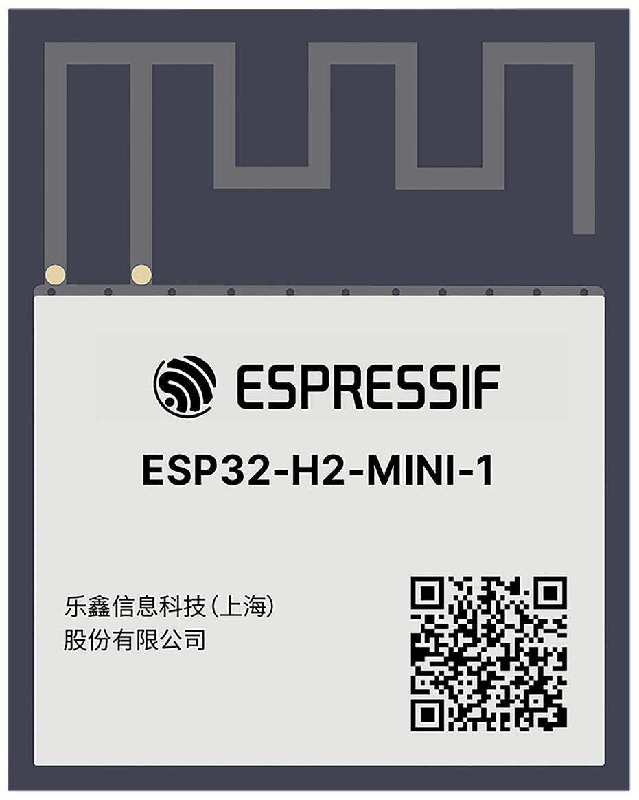 'ESP32-H2-MINI-1' modul tvrtke Espressif; kvadratni dizajn s antenom na vrhu. Sadrži QR kod i naziv tvrtke na prednjoj strani.