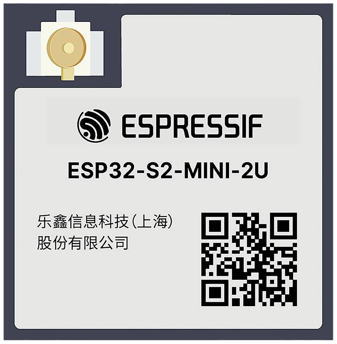 ESP32-S2-MINI-2U mikrokontrolerov modul tvrtke Espressif s QR kodom u donjem desnom kutu.