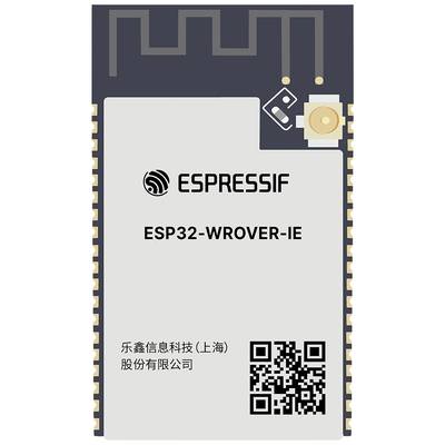 ESP32-WROVER-IE modul tvrtke Espressif. Pravokutni elektronički komponenent s QR kodom, logotipom i informacijama o tvrtki. Crno-sivi dizajn.