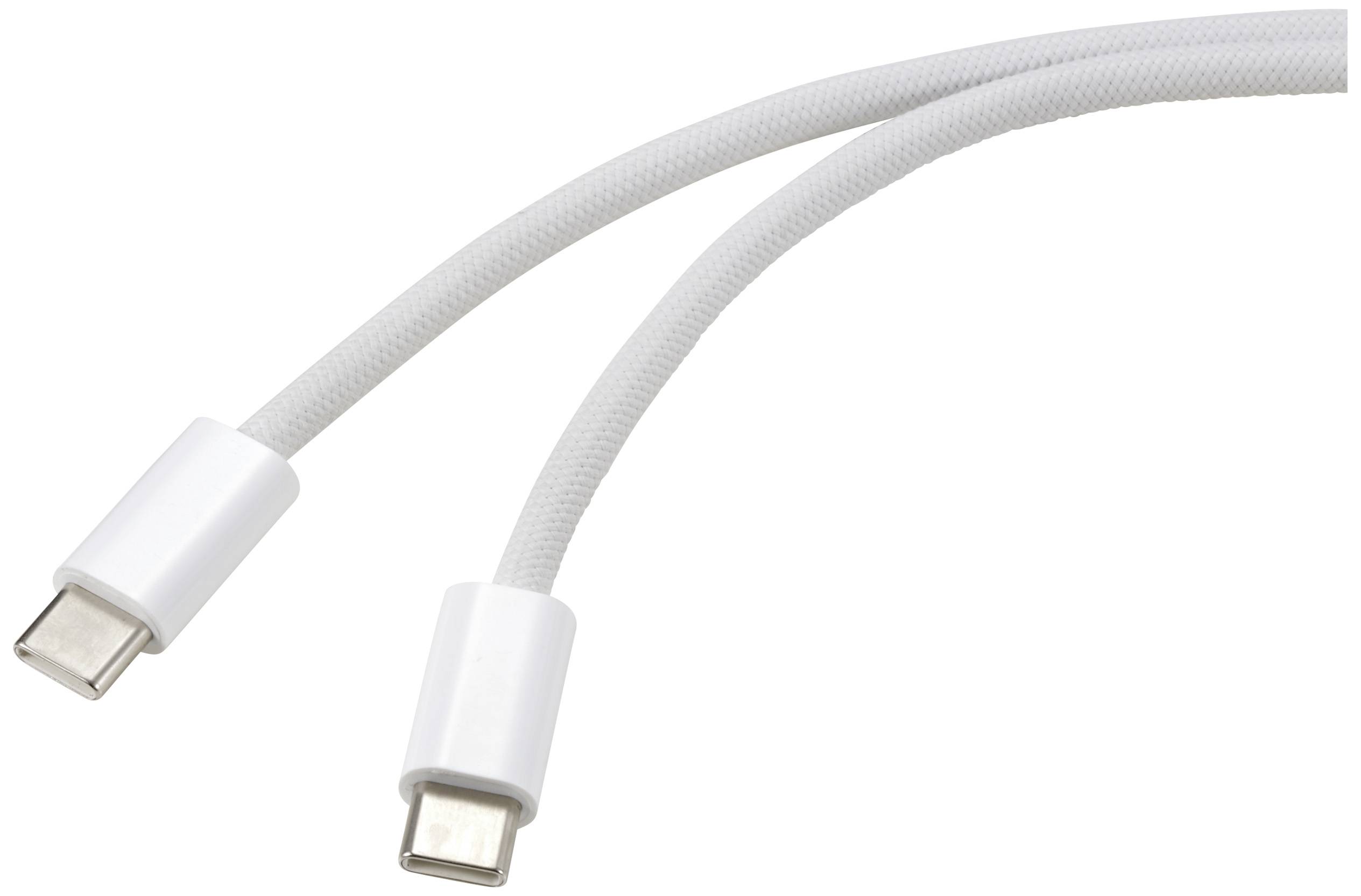 Bijeli pleteni USB-C kabel s dva priključka, prikazan ispred neutralne pozadine.