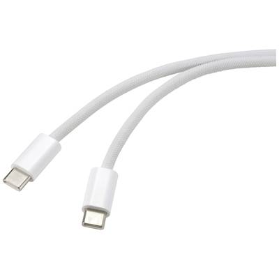 Bijeli pleteni USB-C kabel s dva priključka, prikazan ispred neutralne pozadine.