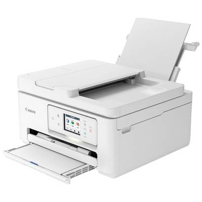 Bijeli višenamjenski printer s dodirnim zaslonom na prednjoj strani. Ladice za papir vidljive su gore i dolje.