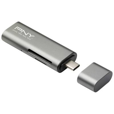 USB-C čitač kartica od PNY-a s uklonjivim poklopcem. Ima utore za SD i microSD kartice, pogodan za prijenos podataka.