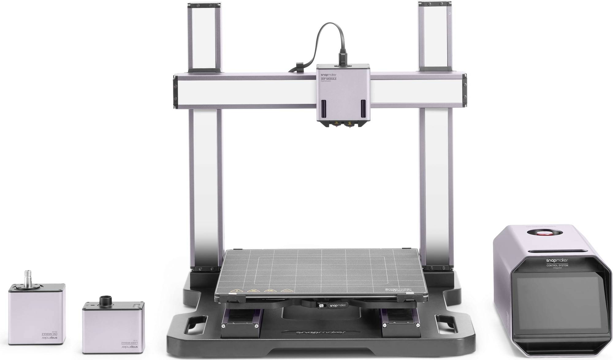 3D pisač s pravokutnim okvirom, tipičnom platformom za ispis u sredini i upravljačkom kutijom desno. Dva modula lijevo pored platforme.