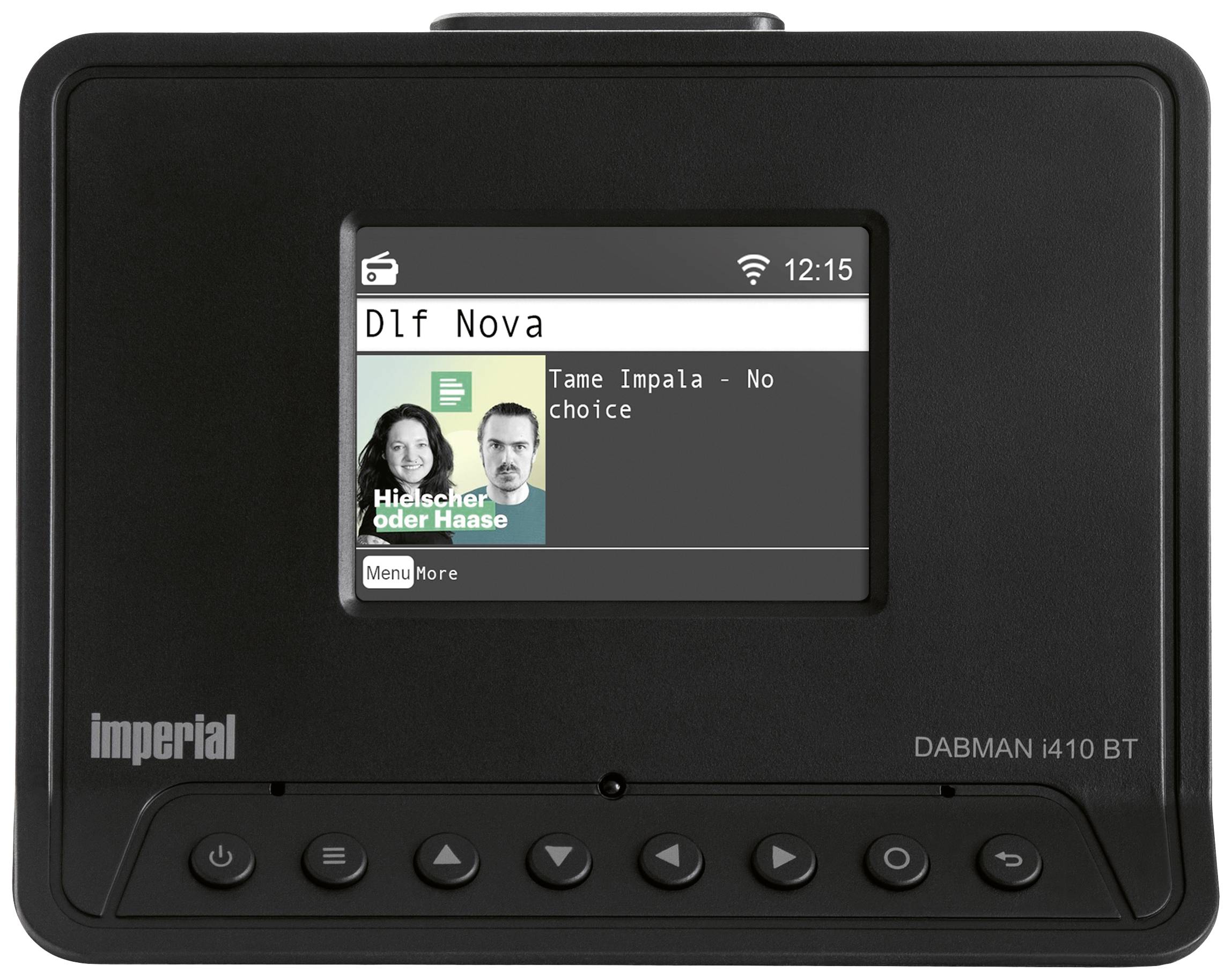 Crni digitalni radio s zaslonom prikazuje 'Dlf Nova', pjesma 'Tame Impala - No choice'. Ispod se nalaze nekoliko funkcijskih tipki na uređaju.