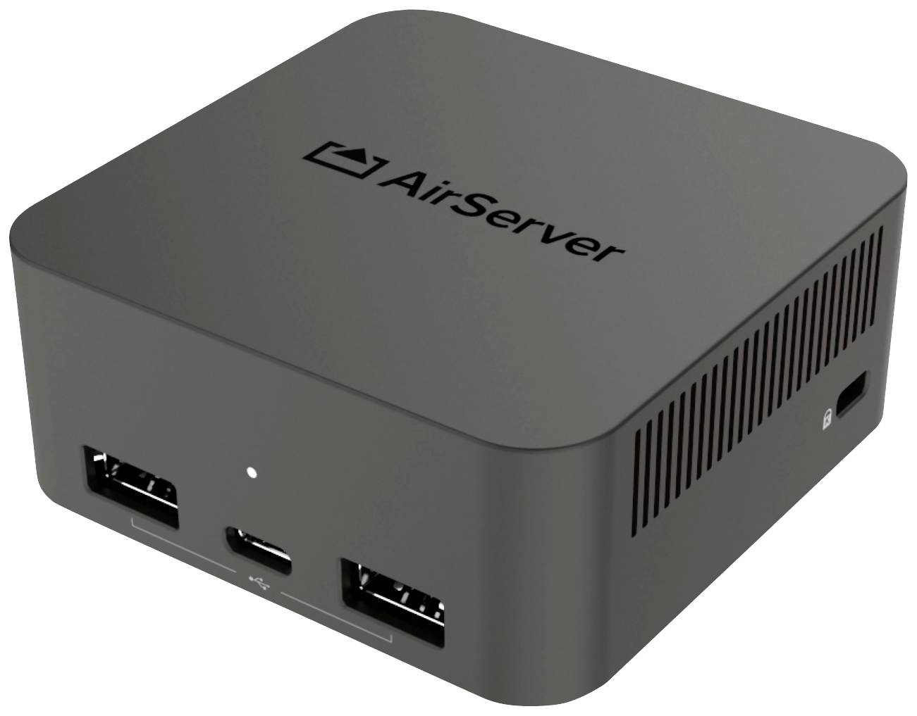 Crna kvadratna naprava s natpisom 'AirServer' na vrhu, s nekoliko priključaka na prednjoj strani.